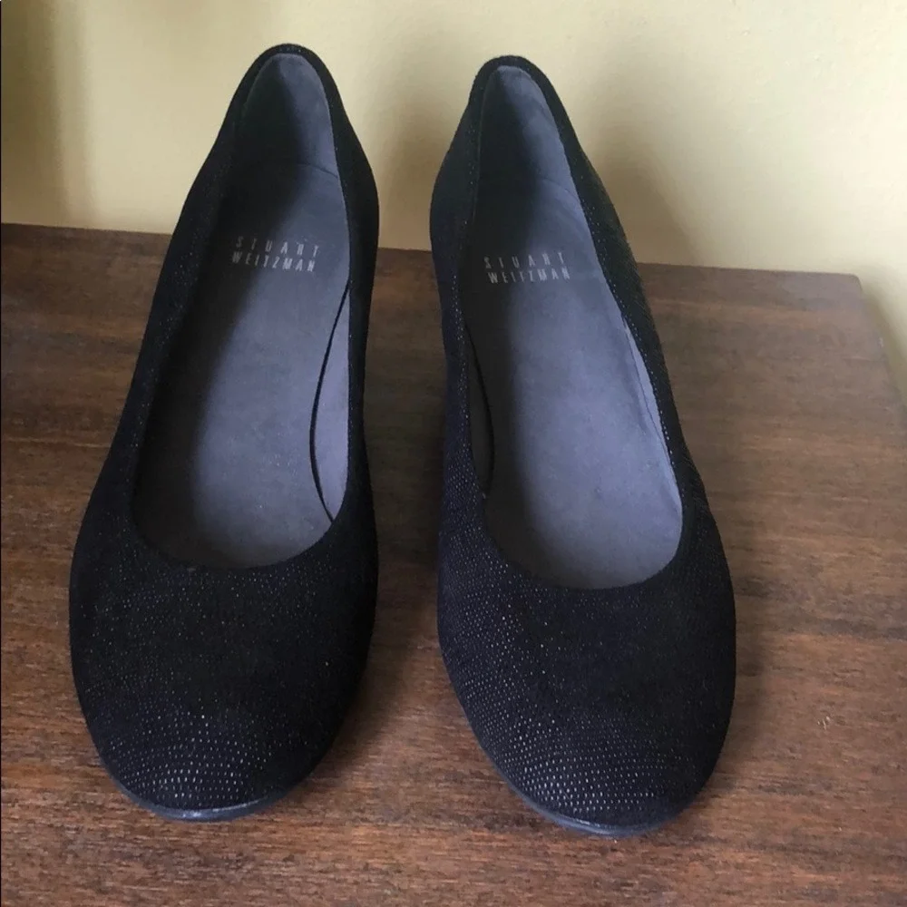Stuart Weitzman Black Shimmer Wedge Pumps‎ Round Toe Made in Spain - Picture 2 of 5